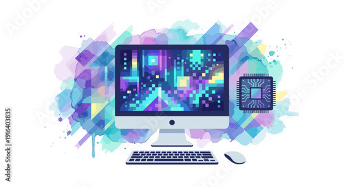 Desktop computer with processor chip and watercolor splashes vector illustration