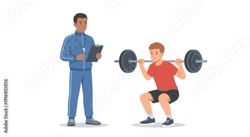 Personal trainer coaching man lifting barbell flat vector illustration