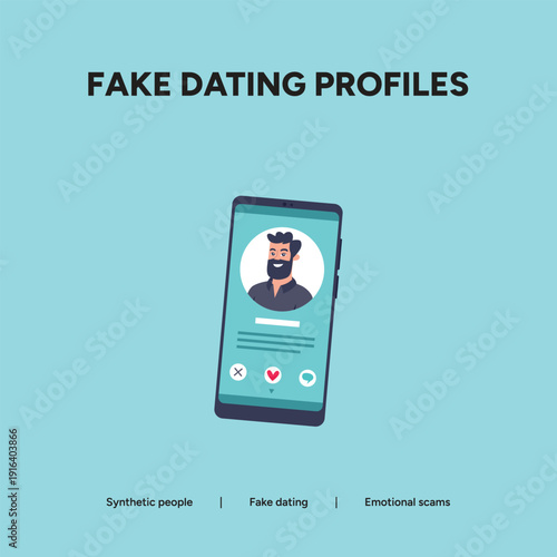 Fake dating profiles: A smartphone displaying a curated profile illustrates synthetic individuals and emotional scams in online dating.