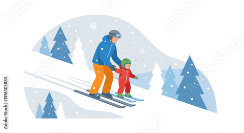 Flat vector illustration of father teaching his young child to ski on a snowy mountai