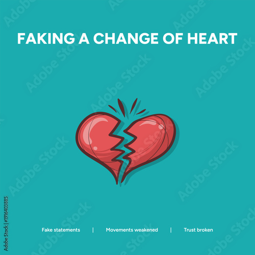 Faking a change of heart: A broken heart illustration signifies false statements and weakened movements, leading to broken trust.