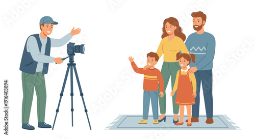 Professional photographer taking picture of a happy family, flat vector illustration