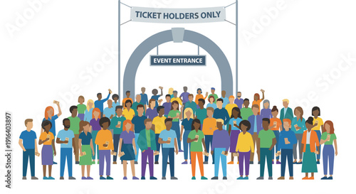 Large crowd of diverse people holding tickets at event entrance, flat vector illustration