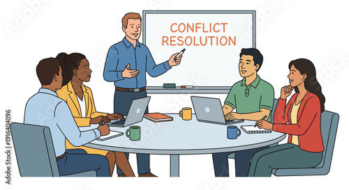 Diverse business team at conflict resolution training seminar illustration