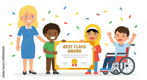 Happy diverse students and teacher holding Best Class Award certificate with confetti
