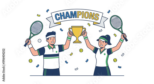Male and female tennis players celebrating victory holding a champion trophy and racquets