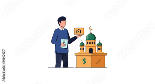 Illustration of a man donating to a charity box with a mosque in the background, symbolizing generosity and giving.