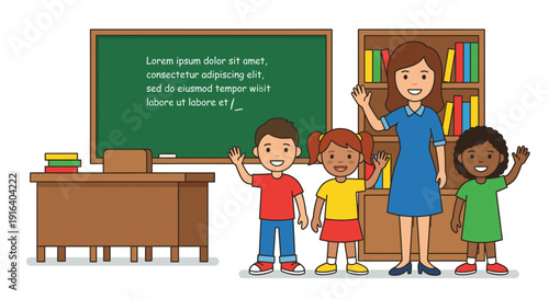 Friendly female teacher and diverse happy students waving hands in a classroom