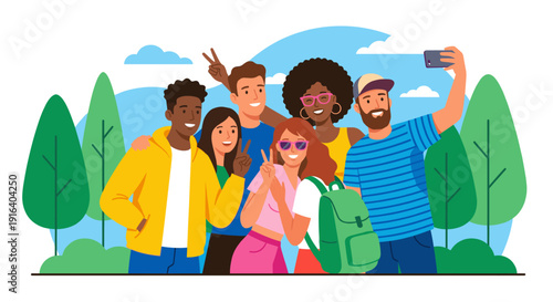 Group of diverse happy friends taking a selfie photo on a smartphone in the park, flat illustration