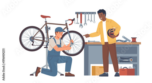 Professional mechanic repairing a bicycle for a customer in a bike workshop, flat vector illustration
