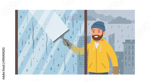 Smiling professional male cleaner washing an outdoor glass window with a squeegee on a rainy day, flat vector illustration