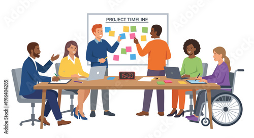 Diverse business team with a disabled colleague in a wheelchair planning a project timeline on a whiteboard, flat illustration