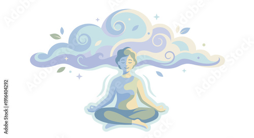 Meditating person in lotus pose with abstract mindful clouds above head, flat vector illustration