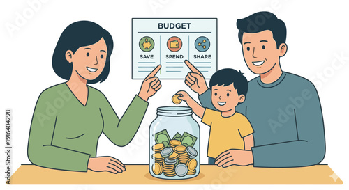 Parents teaching young son about personal finance and saving money in a glass jar, flat vector illustration