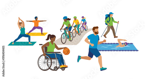 Diverse people doing various sports and physical activities, healthy lifestyle concept, flat vector illustration