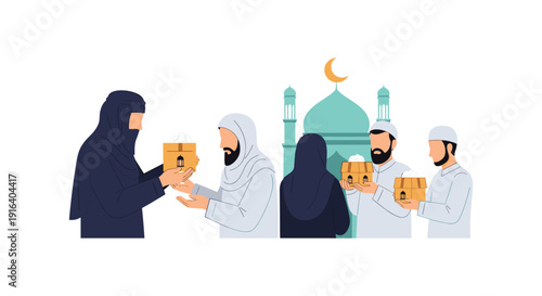 Illustration of people exchanging gifts in front of a mosque with a crescent moon, symbolizing Ramadan or Eid celebration.