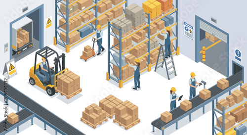 Busy warehouse interior with workers loading boxes, forklift and conveyor belt, flat vector illustration