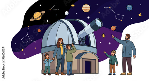 Family visiting an astronomical observatory, looking at stars and planets through a telescope, flat vector illustration