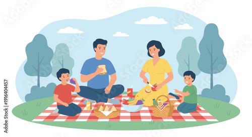 Happy family having a picnic in the park, parents and children eating outdoors, flat vector illustration