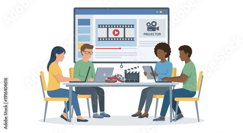 Creative team working on video production and editing at a desk, flat vector illustration