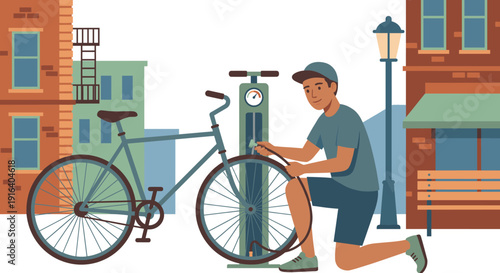 Young man pumping bicycle tire with public air pump on the city street, flat vector illustration