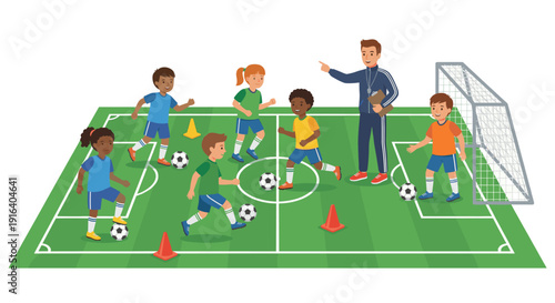 Soccer coach training diverse group of children on the football pitch, flat vector illustration