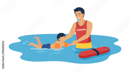 Lifeguard teaching a little boy how to swim in the pool, flat vector illustration