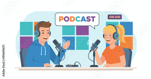 Flat vector illustration of two people recording a podcast in a studio with microphones