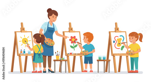 Female teacher helping young children paint on canvas at easels in art class