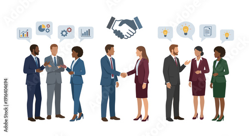 Diverse business people networking, negotiating and shaking hands in flat vector style