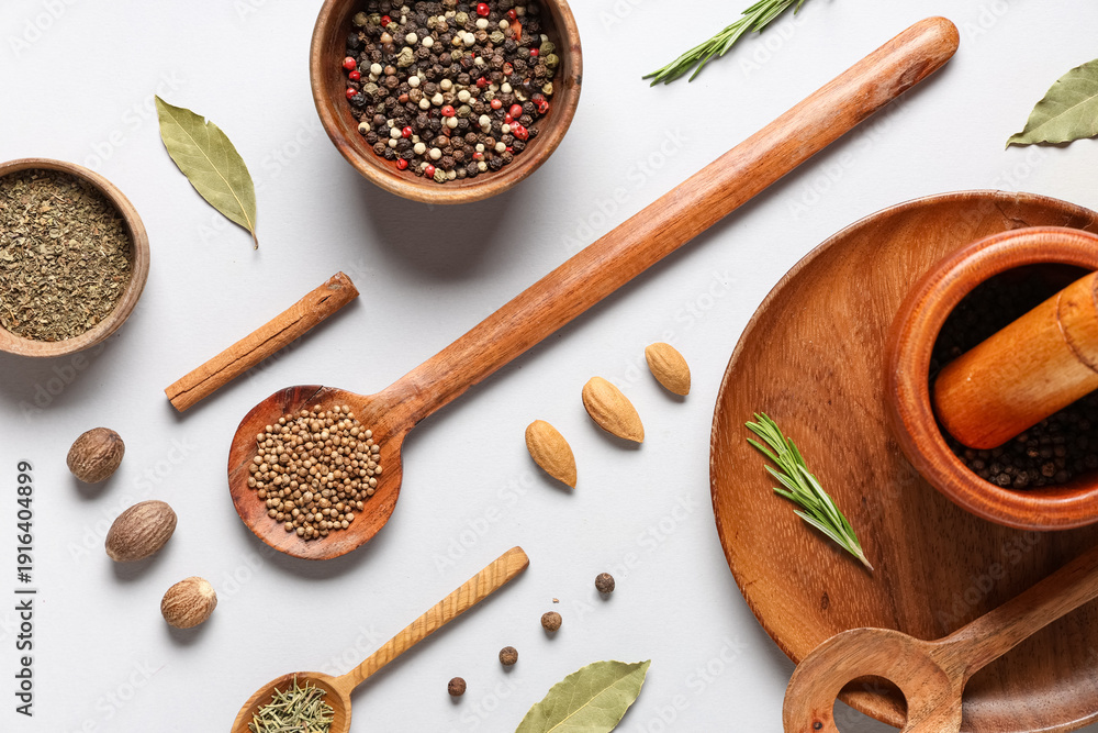 Naklejka premium Composition with various aromatic spices on grey background