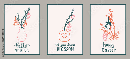 Set of three Easter greeting cards or posters with hand-drawn willow branches in vases, decorated eggs and spring quotes.
