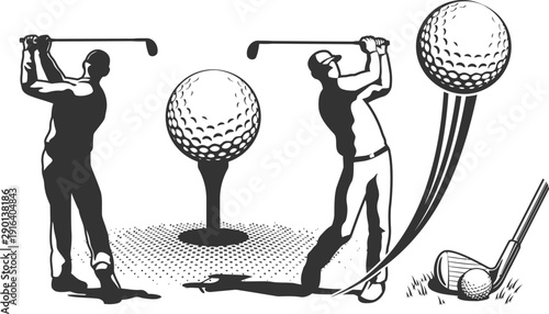 Golfers Swinging Golf Clubs Hitting Balls on Golf Course