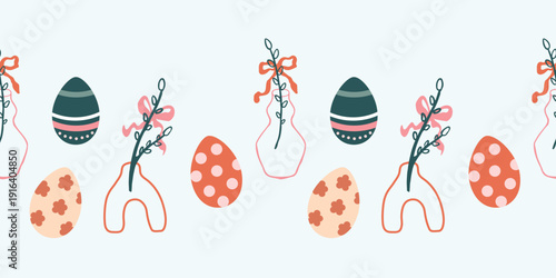 Easter seamless border in washi tape style with hand-drawn willow branches, decorated eggs and ribbons. Vector spring festive pattern for scrapbooking, digital planners and masking tape design.