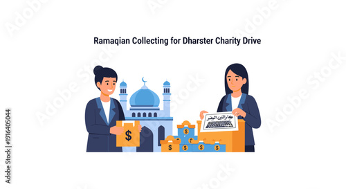 Illustration of man and woman donating money and goods for charity drive during Ramadan with a mosque in the background.