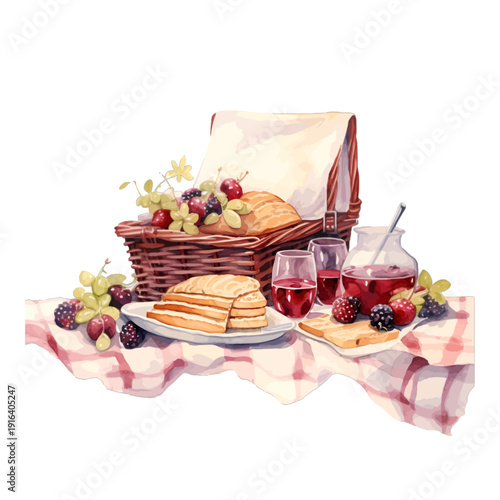 Watercolor Summer Picnic Clipart, Hand-Painted Wicker Basket with Red Wine, Bread, and Fresh Berries isolated on White Background