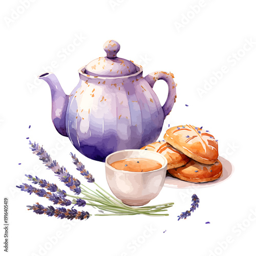 Watercolor Lavender Tea Set Clipart, Hand-Painted Purple Teapot with Cup, Scones, and Fresh Lavender Sprigs isolated on White Background