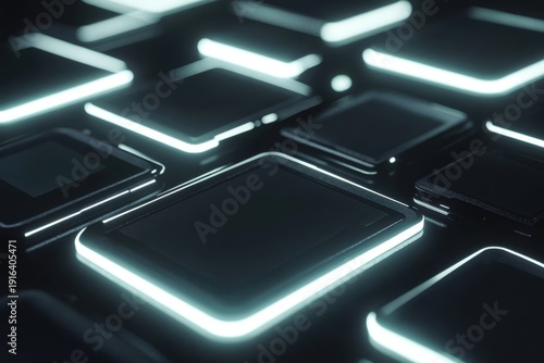 Modern technology showcases glowing screens arranged in a dynamic pattern at night