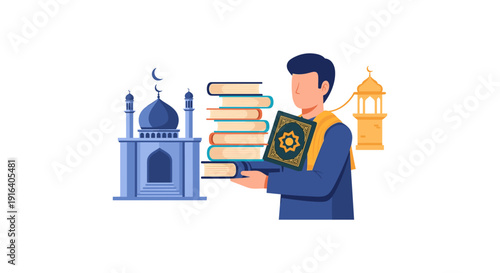Illustration of a man holding a Quran book surrounded by religious books, mosque, and lantern, symbolizing spirituality and knowledge.