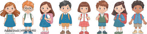Cute diverse school children standing together, happy students with backpacks wearing uniforms, flat cartoon vector illustration isolated on white background