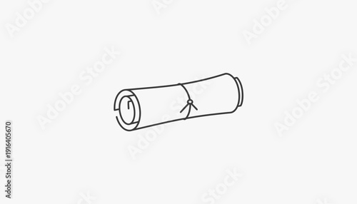 Rolled up scroll tied with string, simple line drawing, isolated on white background