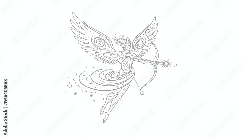 Obraz premium Sagittarius Zodiac Sign Archer Celestial Angel with Bow and Stars