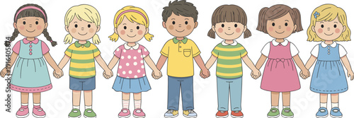 Cute diverse children holding hands together, cartoon boys and girls friendship concept, happy kids vector illustration isolated