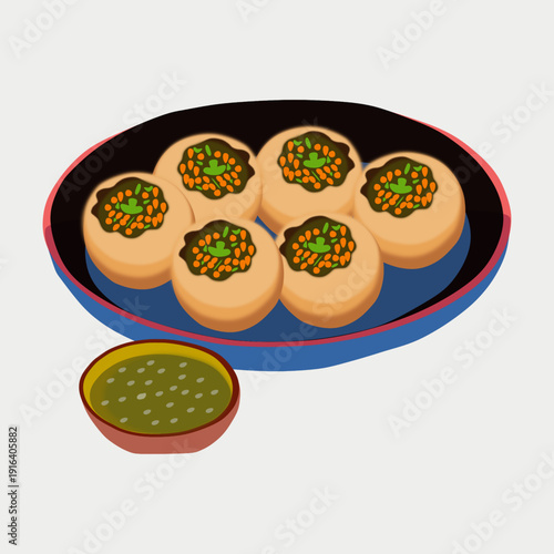 Panipuri Traditional Indian Street Food with Spicy Tamarind Water.
Panipuri or Golgappa Popular Indian Snack Served Fresh