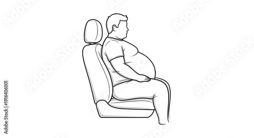 Overweight man sitting in car seat, obesity, health problem, lifestyle, side view, black and white