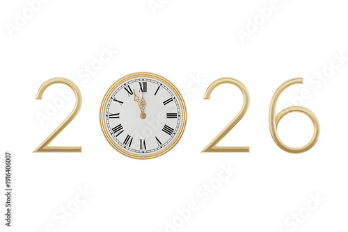 Elegant gold design with a clock face in the center for the year 2026 isolated on transparent background