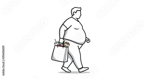 Overweight Man Walking with Shopping Bag Full of Unhealthy Food