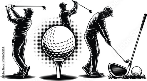 Golfers Swinging Golf Club and Ball on Green Course