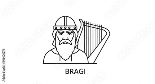 Norse god Bragi, god of poetry and music, playing a harp, line art illustration