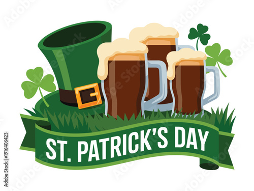 Three foamy dark beer mugs sit beside a green leprechaun hat resting on grass for holiday.